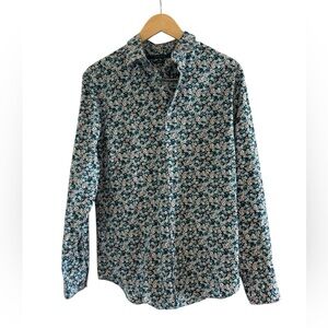 Perry Ellis Floral Button-Down Shirt - Teal and White Size M
